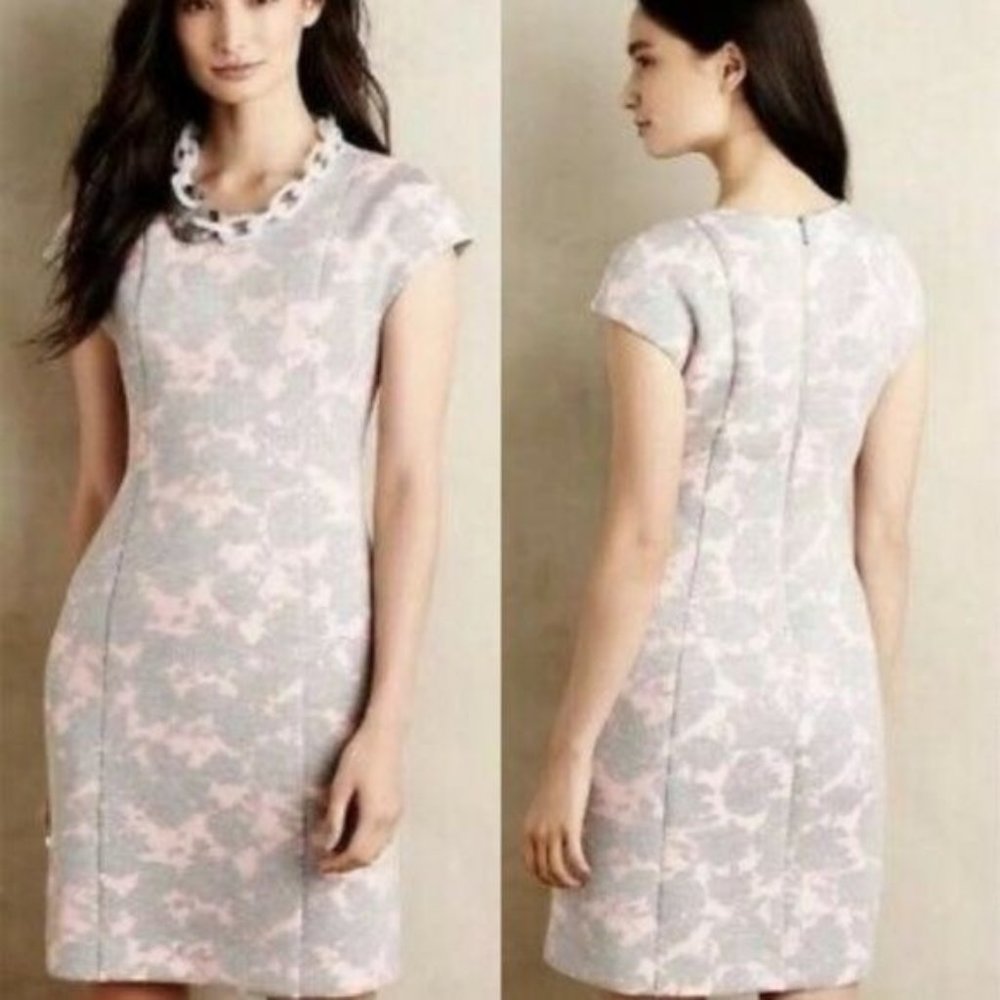 Anthropologie Pink and Gray Floral-Print Midi Dress